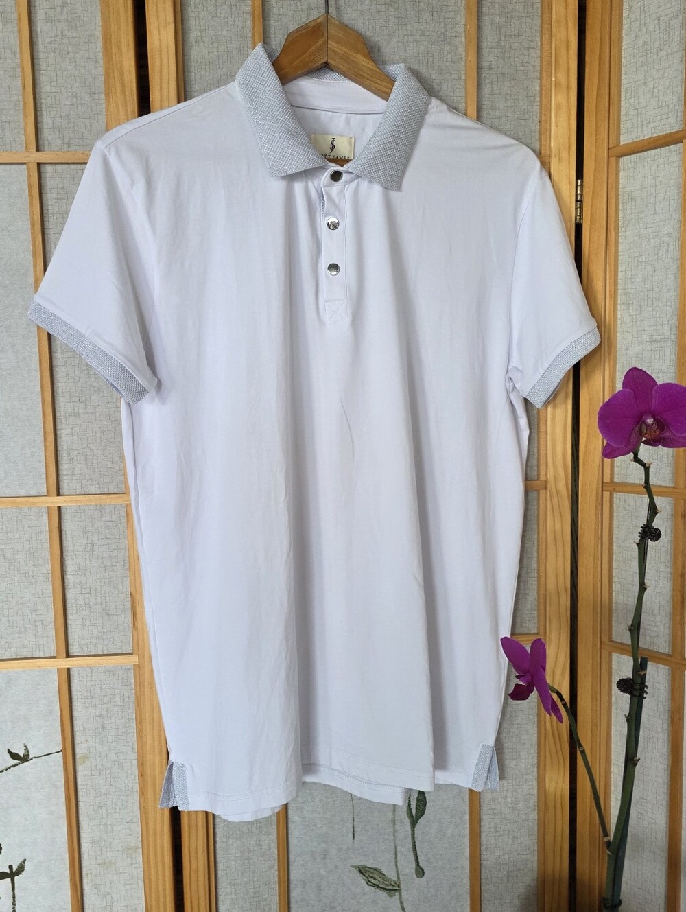 ​Scott James Luxury Men's Slim Fit Polo –size Large White & Silver Active Wear